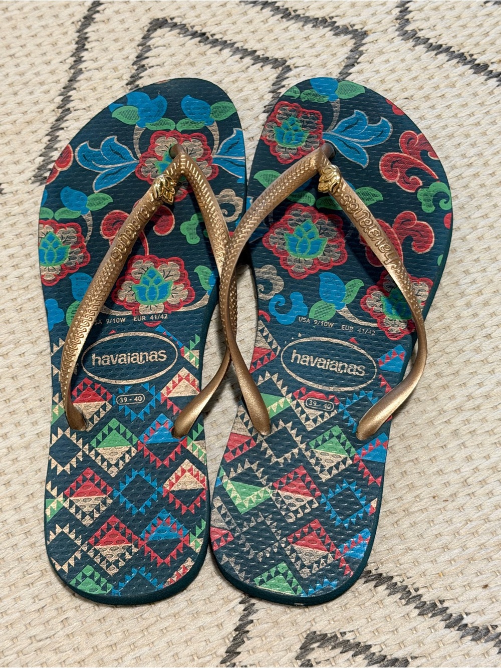 Havaianas Slim strap Teal Floral & Geometric Flip Flops with Gold Straps